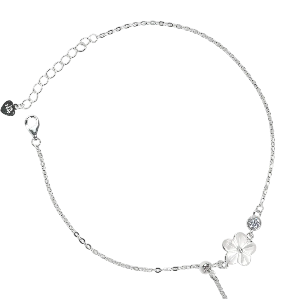 Lắc chân Bạc KFJ hoa 5 cánh trắng và charm đá rơi - 3789
