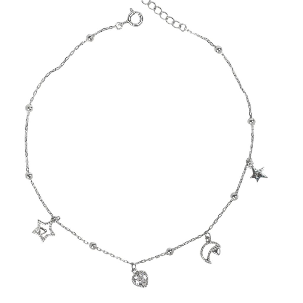 Lắc chân bạc xi họa tiết trái tim, trăng sao tinh tế - 3845